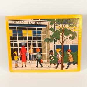 Vintage Public School Tray Puzzle Kids Classroom Scene Retro Pressed Board